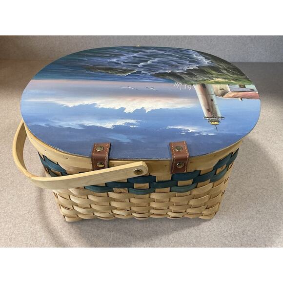 Wooden Woven Wicker Picnic Basket With Beautiful Hand Painted Sea Scape - Picture 5 of 12